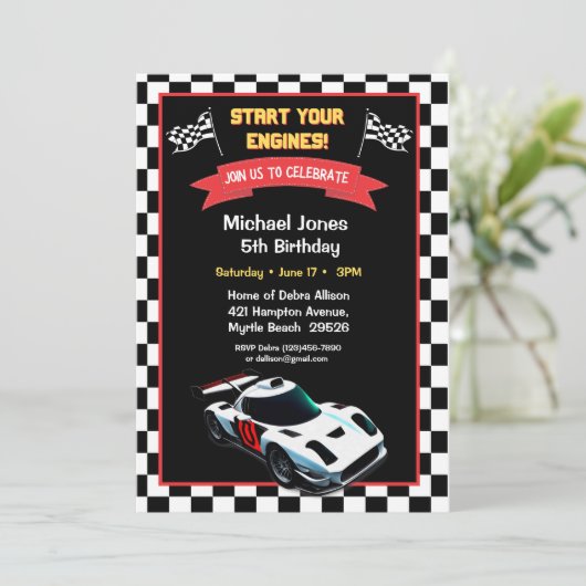 5e verjaardag race auto uitnodiging (Staand voorkant)