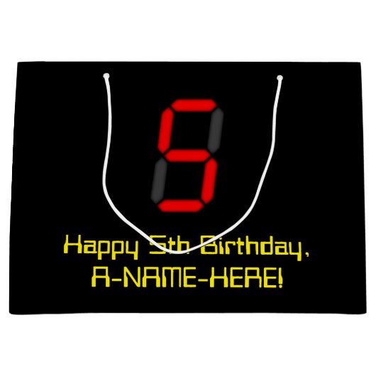 5e verjaardag: Red Digital Clock Style "5" + naam Groot Cadeauzakje (Voorkant)