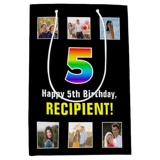 5e verjaardag: Regenboog "5", Aangepaste foto's & Medium Cadeauzakje (Voorkant)