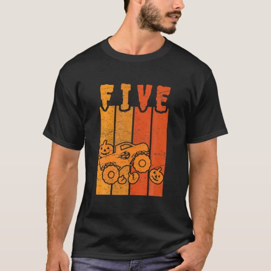 5e verjaardag Retro Pompoen Monster Truck Hallowee T-shirt (Voorkant)