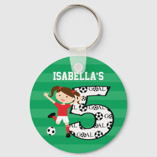 5e verjaardag Rood en wit voetbalmeisje 1 Sleutelhanger