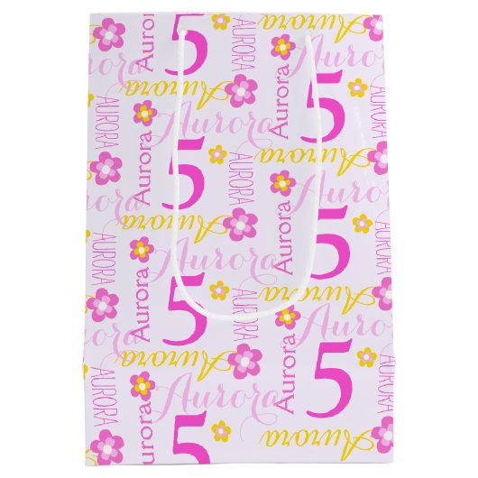 5e verjaardag roze gele aangepaste naam geschenkta medium cadeauzakje (Achterkant)