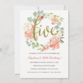 5e verjaardag roze goud bloemenkrans uitnodiging (Voorkant)