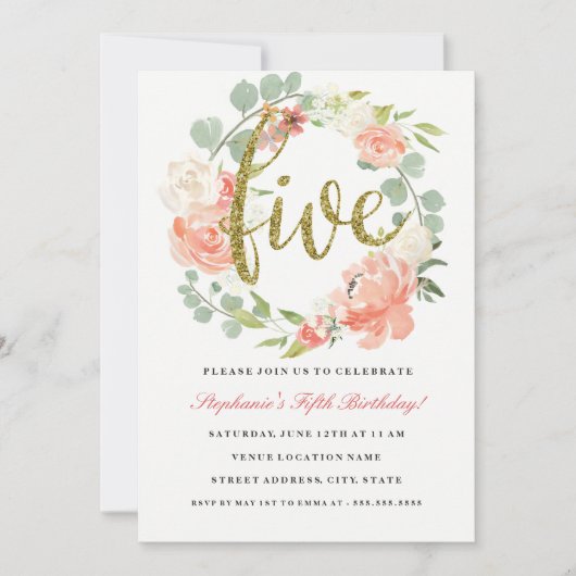 5e verjaardag roze goud bloemenkrans uitnodiging (Voorkant)