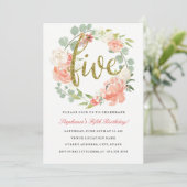 5e verjaardag roze goud bloemenkrans uitnodiging (Staand voorkant)