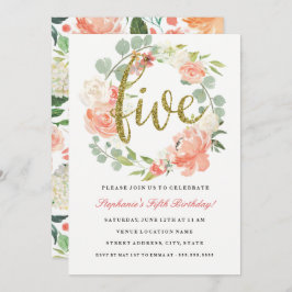 5e verjaardag roze goud bloemenkrans uitnodiging