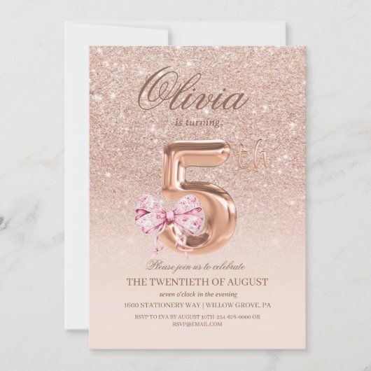 5e verjaardag Roze Goud Boog Verjaardagsfeestje  Kaart (Voorkant)