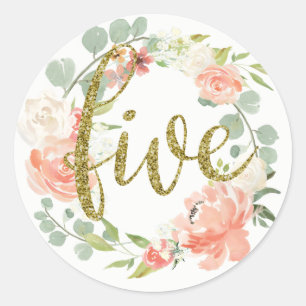 5e verjaardag Roze Gouden Bloemenkrans Sticker