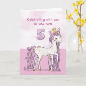 5e verjaardag Roze paard met kroon Kaart (Gele Bloem)