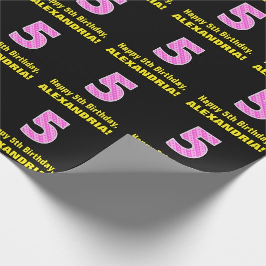 5e verjaardag: Roze strepen en hart "5" + Naam Cadeaupapier (Hoek)