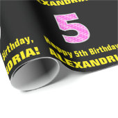 5e verjaardag: Roze strepen en hart "5" + Naam Cadeaupapier (Rol Hoek)