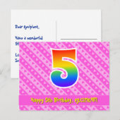 5e verjaardag: Roze stripes en harten, regenboog 5 Briefkaart (Voorkant / Achterkant)