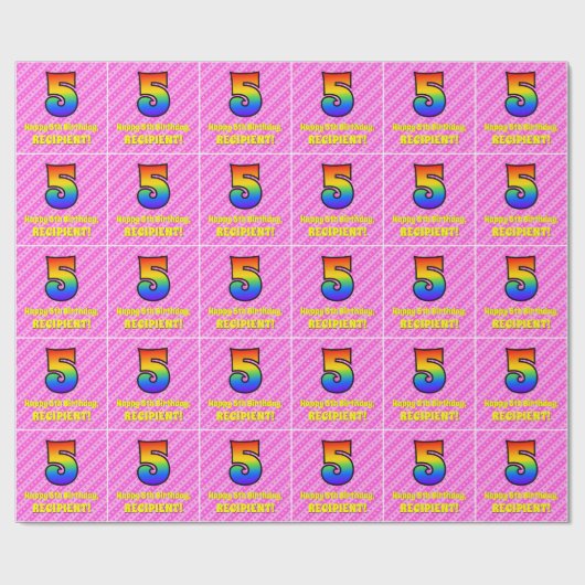 5e verjaardag: Roze stripes en harten, regenboognr Cadeaupapier (Vlak)