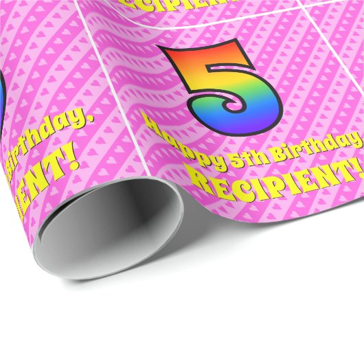 5e verjaardag: Roze stripes en harten, regenboognr Cadeaupapier (Rol Hoek)