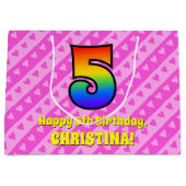 5e verjaardag: Roze stripes en harten, regenboognr Groot Cadeauzakje (Voorkant)