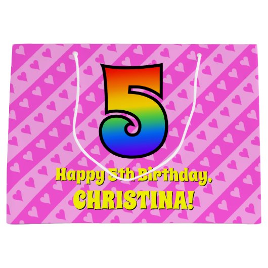 5e verjaardag: Roze stripes en harten, regenboognr Groot Cadeauzakje (Voorkant)