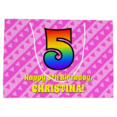 5e verjaardag: Roze stripes en harten, regenboognr Groot Cadeauzakje (Achterkant)