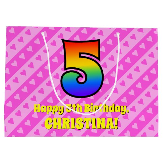 5e verjaardag: Roze stripes en harten, regenboognr Groot Cadeauzakje (Achterkant)