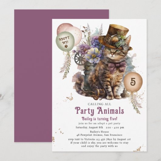 5e verjaardag Steampunk Kitten Adoptie Feestje Kaart (Voorkant / Achterkant)