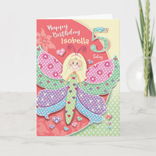 5e Verjaardag, Tiny, Schattige Butterfly-Girl Kaart
