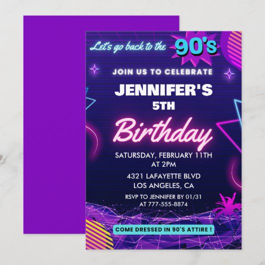 5e verjaardag uitnodiging 90s thema Retro (Voorkant / Achterkant)