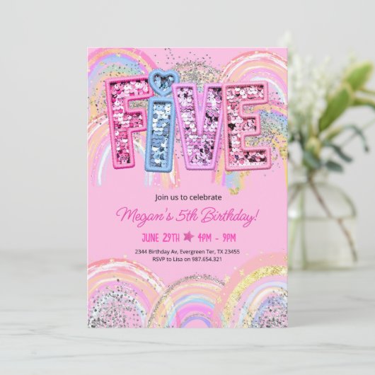 5e Verjaardag Uitnodiging Meisje Bewerkbare Rainbo (Staand voorkant)