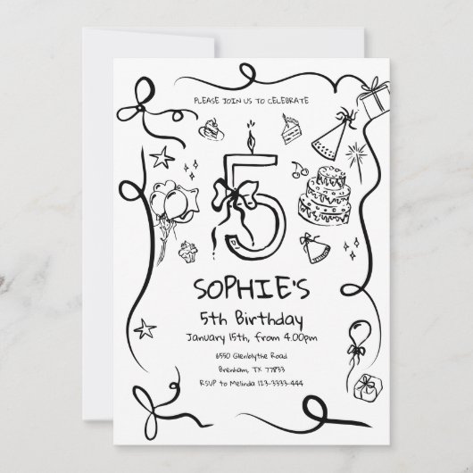 5e verjaardag uitnodiging, met de hand getekend 5e kaart (Voorkant)