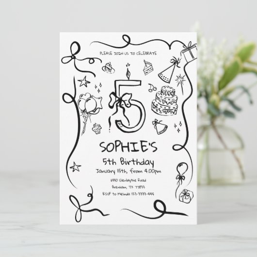 5e verjaardag uitnodiging, met de hand getekend 5e kaart (Staand voorkant)