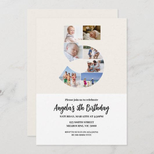 5e verjaardag uitnodiging minimalist - nummer 5 (Voorkant / Achterkant)