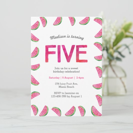 5e verjaardag uitnodiging | tropische watermeloen  (Staand voorkant)