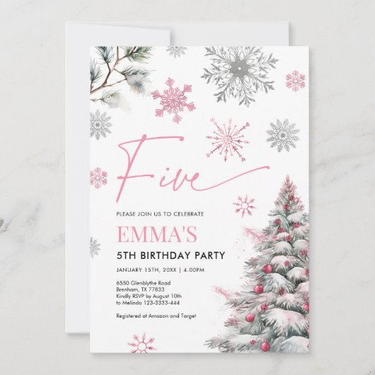 5e verjaardag uitnodiging, winter roze 5e verjaard kaart (Voorkant)