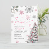 5e verjaardag uitnodiging, winter roze 5e verjaard kaart (Staand voorkant)