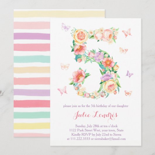 5e verjaardag Uitnodigingen voor meisjes met butte (Voorkant / Achterkant)