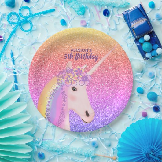5e verjaardag Unicorn Rainbow Pastel gepersonalise Papieren Bordje (Feest)