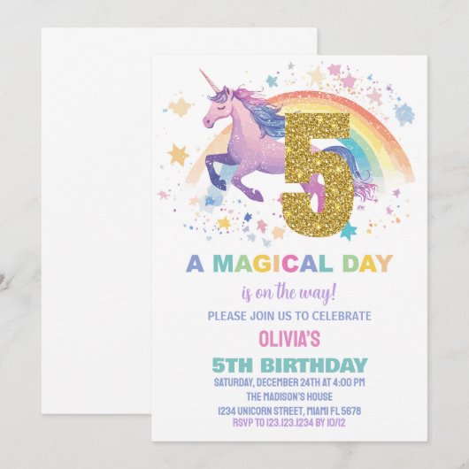 5e verjaardag van de eenhoorn uitnodigingen (Voorkant / Achterkant)