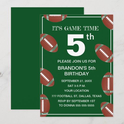 5e Verjaardagsfeest Football Groene Sport Kinder J Kaart (Voorkant / Achterkant)