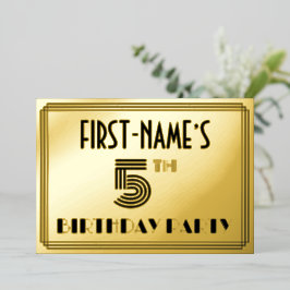5e verjaardagsfeestje — Art Deco-stijl “5” & naam Folie Uitnodiging