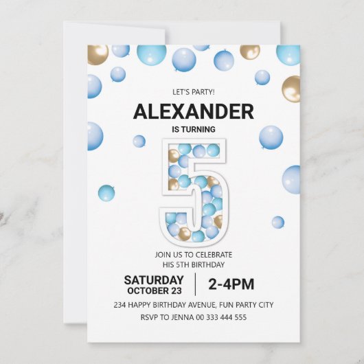 5e verjaardagsfeestje, blauwe en gouden ballon jon kaart (Voorkant)