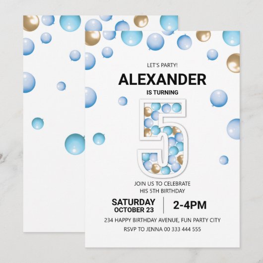 5e verjaardagsfeestje, blauwe en gouden ballon jon kaart (Voorkant / Achterkant)