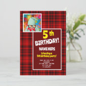 5e verjaardagsfeestje Check Plaid Rood Zwart Kaart (Staand voorkant)