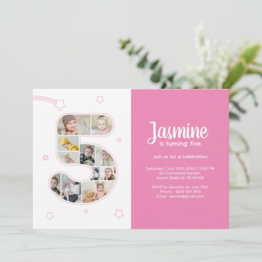 5e verjaardagsfeestje nummer 5 aangepaste fotocoll kaart (Staand voorkant)