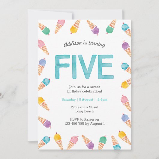 5e verjaardagsfeestje | Rainbow Ice cream uitnodig Kaart (Voorkant)