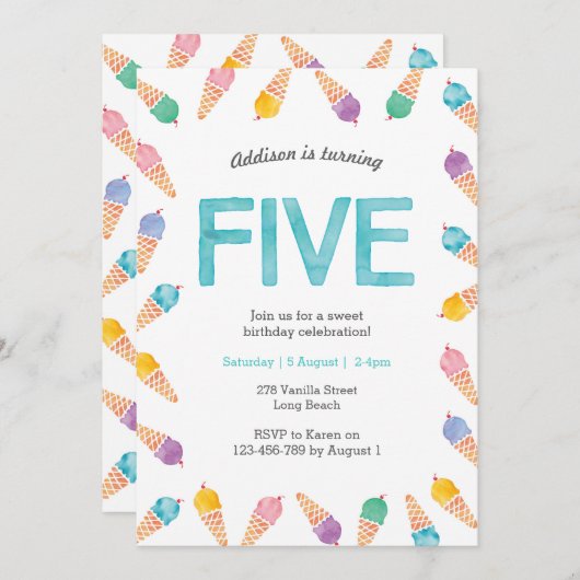 5e verjaardagsfeestje | Rainbow Ice cream uitnodig Kaart (Voorkant / Achterkant)