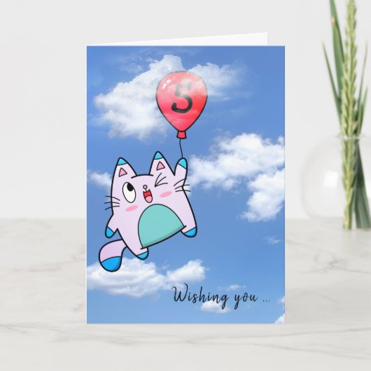 5e verjaardagskat en ballon Kaart (Voorkant)
