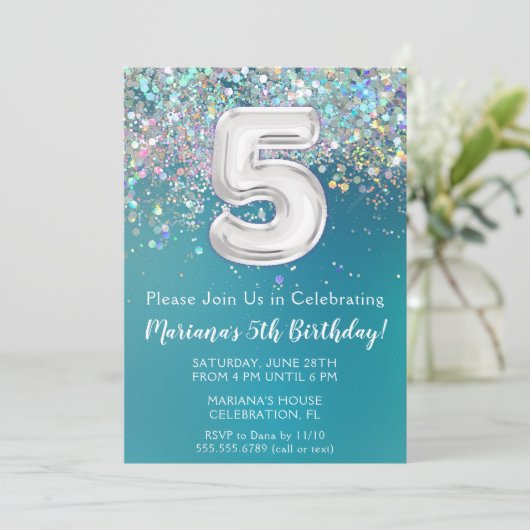 5e verjaardagsuitnodiging Blauwgroen zilveren glit Kaart (Staand voorkant)