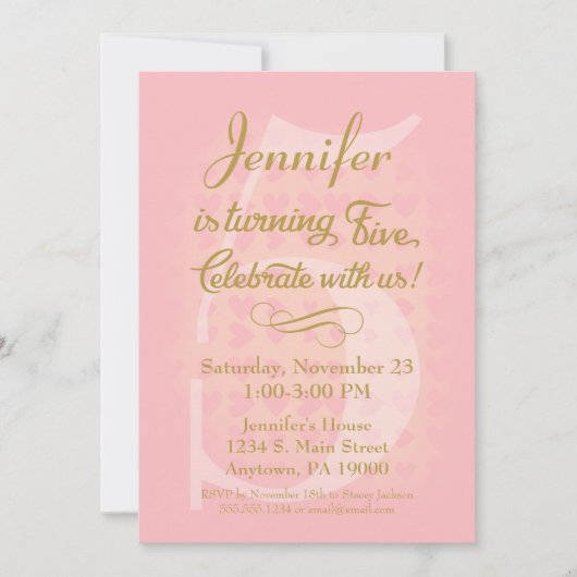 5e verjaardagsuitnodiging meisjes roze goud harten kaart (Voorkant)