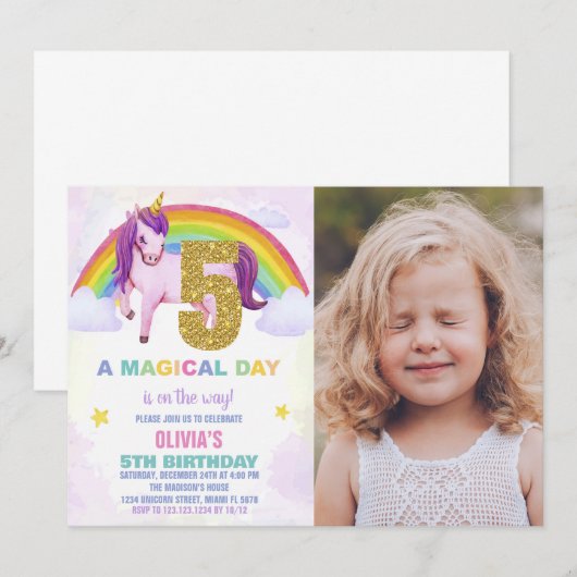 5e verjaardagsuitnodigingen voor regenboog eenhoor kaart (Voorkant / Achterkant)