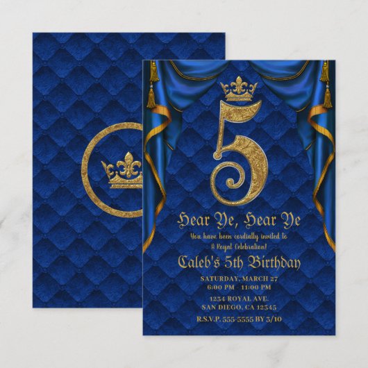 5e vijfde verjaardag van de Royal Blue Gold Crown Kaart (Voorkant / Achterkant)