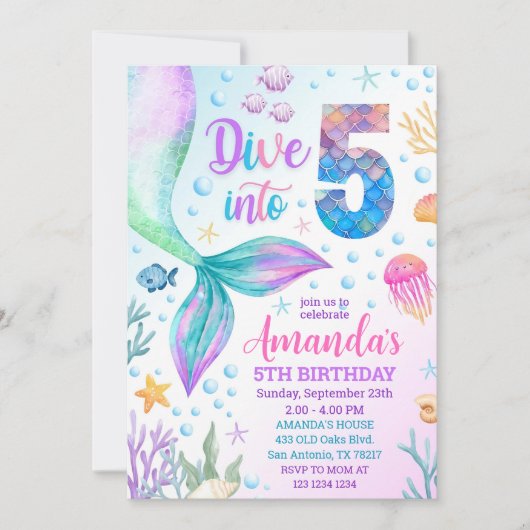 5e zeemeermin uitnodiging, Duik in vijf zeemeermin Kaart (Voorkant)