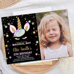 5e Zwarte Eenhoorn Verjaardag Uitnodigingen met fo